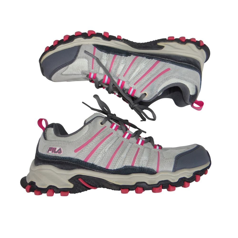 Fila Womens Grey Pink Leather Trail Running Shoes Sneakers 5JM00947-202 8.5